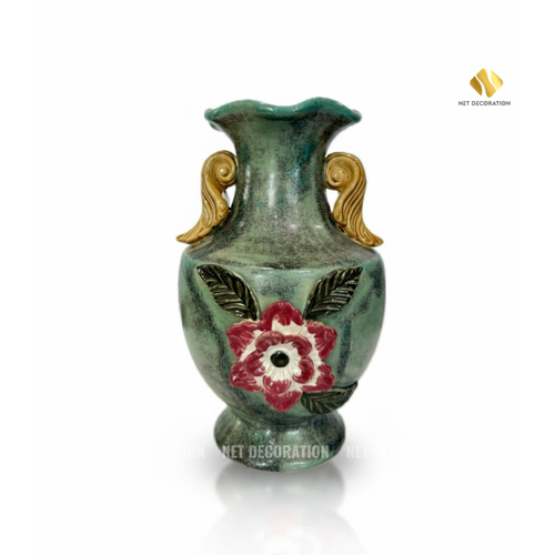 Green Ceramic with Red Apricot Flowers