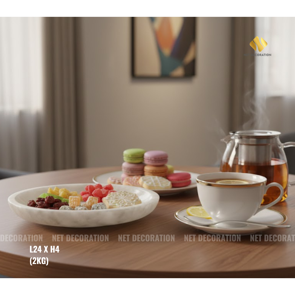 Low Round Stone Tray – White Marble - Ảnh 2
