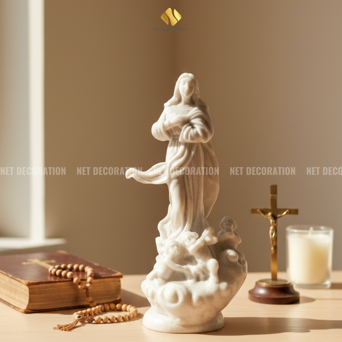 Assumption of the Virgin Mary White Marble Statue 12x30 - Image 2