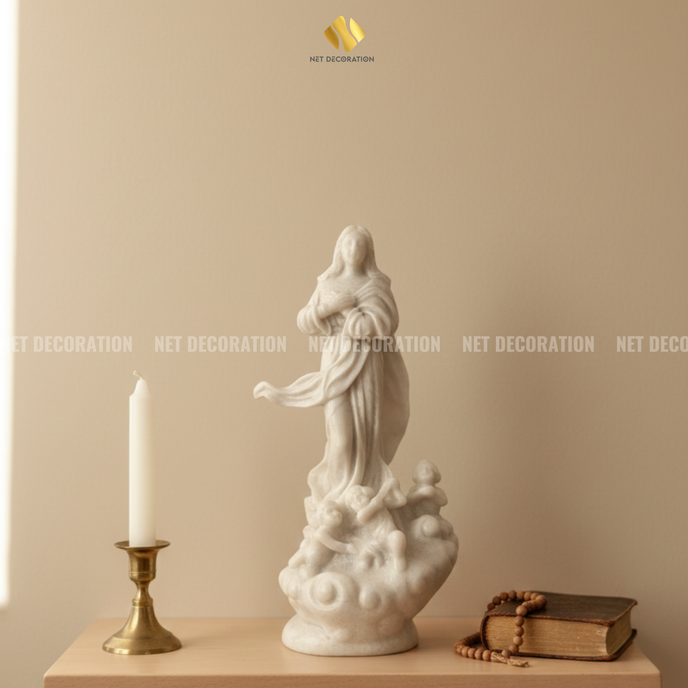 Assumption of the Virgin Mary White Marble Statue 12x30 - Image 3
