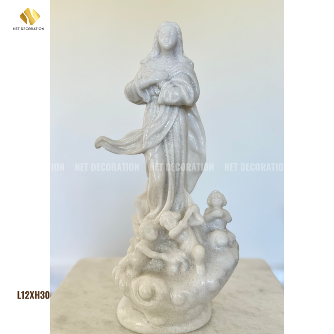 Assumption of the Virgin Mary White Marble Statue 12x30 - Image 5